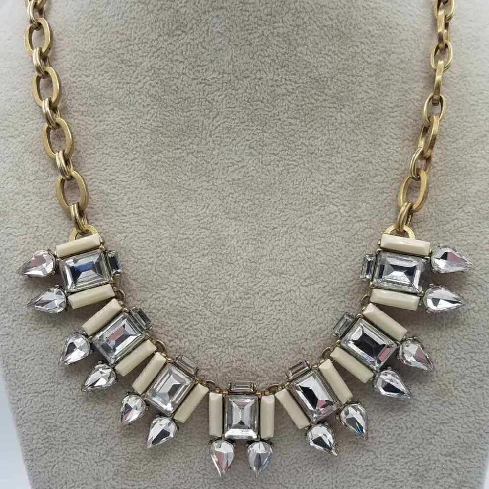 J Crew Clear Crystal White Stone Art Deco Necklace - Picture 4 of 12
